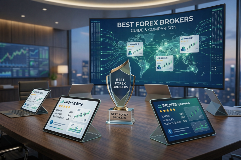 Forex broker comparison on tablets with market charts on a large screen in a modern office